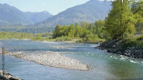 Chilliwack River as seen from the Vedder Rotary Trail North during a spring season in Chilliwack, Fraser Valley, British Columbia, Canada