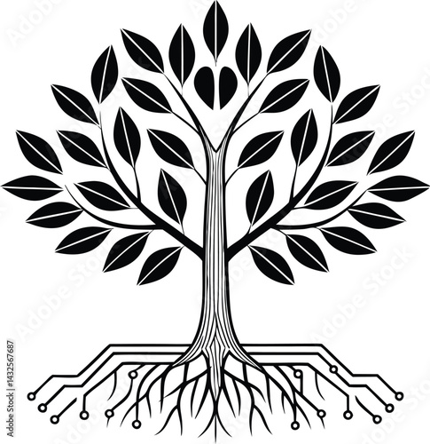 Circuit tree with electronic branches and binary foliage in black and white minimalist tech design