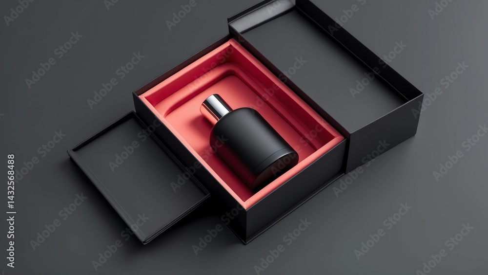 Obraz premium Black perfume bottle in red and black box
