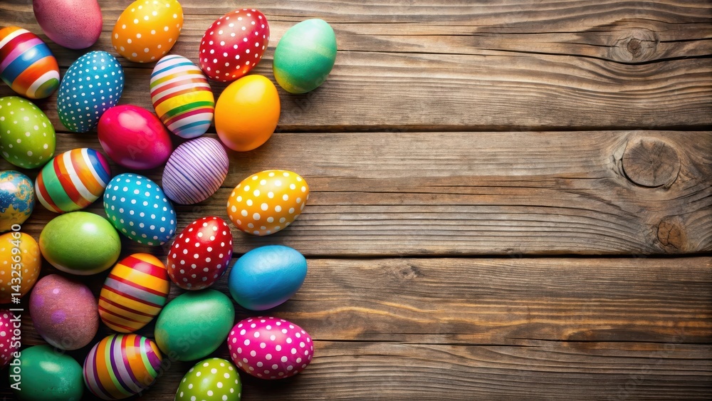 Fototapeta premium Colorful Easter eggs on rustic wood background, Easter, eggs, holiday