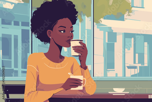 African woman with short fade hairstyle sipping coffee at a sidewalk cafe vector illustration