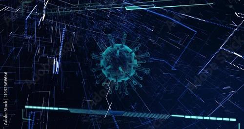 Teal 3D virus sphere floating in dark digital interface, glowing lines scanning grid with UI bars