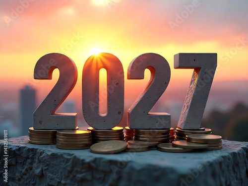 The number year 2027 wooden cubes with stack of growth coins. financial annual plan for save money, Budget, tax, investment, financial, savings, and New Year Resolution retirement concept.