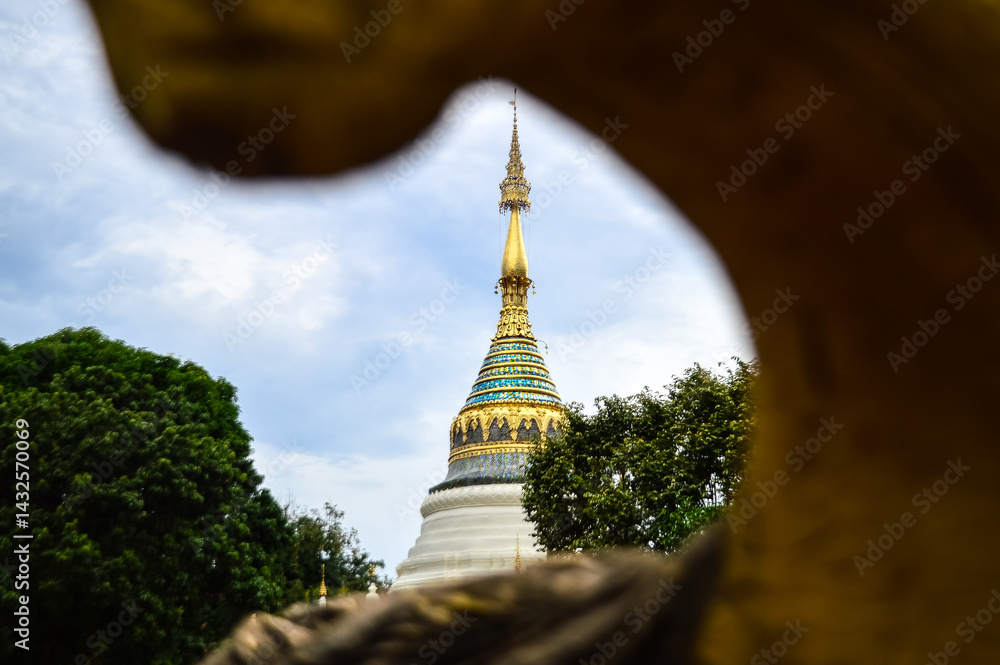 Naklejka premium Pagoda and Chapel, Lanna Architecture, Symbols of Buddhism, South East Asia at Wat Buppharam, Chiang Mai, Northern Thailand