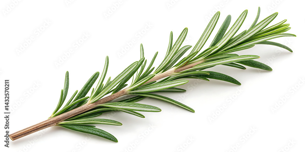 Fototapeta premium Fresh rosemary twig isolated on transparent background, Object for food, health, hair care or perfumery related design element, cut out, PNG, top view AND flat lay.