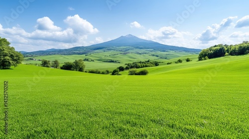 Tuscan Rolling Hills Distant Mountain Vibrant Nature Photography High-Definition Wide Landscape View Lush Green Fields Peaceful Pastoral Scene Sunny Sky Bright Verdant Mood Tourism Advertisement