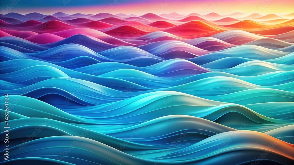 Obraz premium Colorful waves undulate across a serene oceanic blue background, with subtle gradient shifts and soft, feathery textures