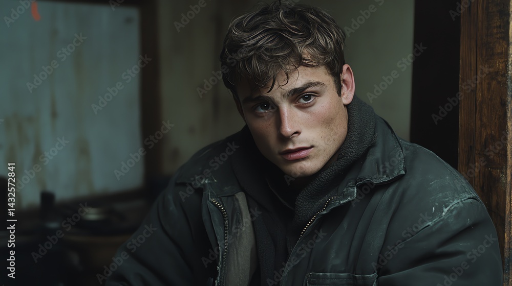 Fototapeta premium Young Man Pensive Portrait Dark Jacket Indoor Setting
