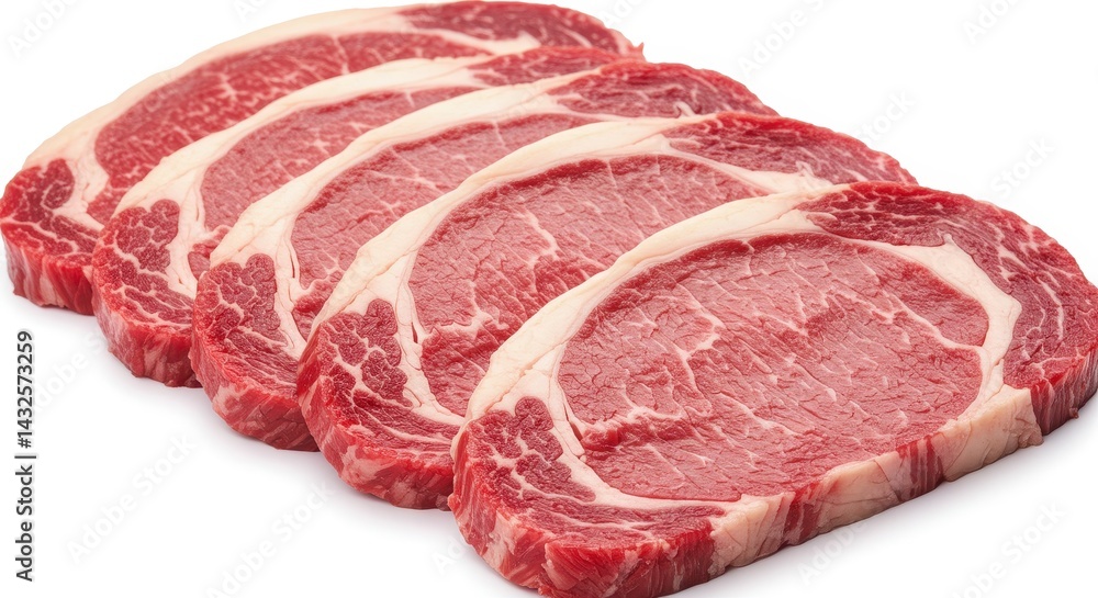 Close up view of five raw ribeye steaks with fat marbling arranged in a row on white background Close up view of five raw ribeye steaks with fat marbling arranged in a row on white background