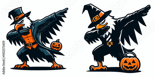 Bald Eagle wear halloween costume and pose dabbing. Funny Animal Vector Clip art. American avian fancy dress dab trick celebration.