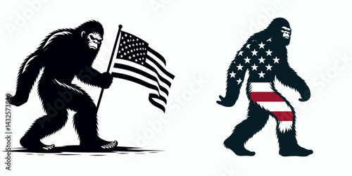 Bigfoot with american flag. Funny Animal Vector Clip art. Patriotic bigfoot usa banner woodland icon wild emblem.