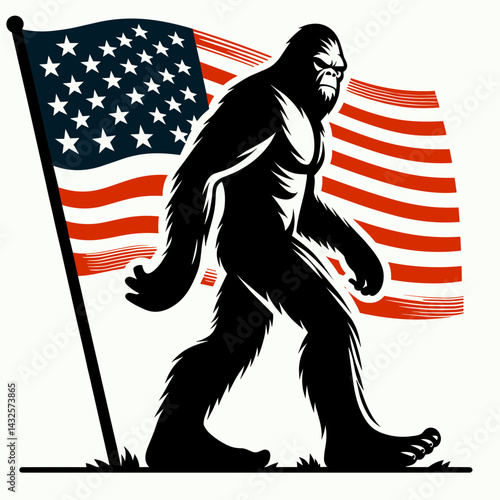 Bigfoot with american flag. Funny Animal Vector Clip art. Patriotic bigfoot stars stripe icon for united nation.