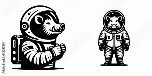 boar in astronaut costume. Funny Animal Vector Clip art. Hog spacesuit apparel celestial journey outer world.