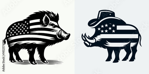 boar with american flag. Funny Animal Vector Clip art. Wild pig patriot usa banner rustic decor freedom theme.