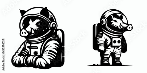 boar in astronaut costume. Funny Animal Vector Clip art. Swine among stellar explorers galactic journey preparation.