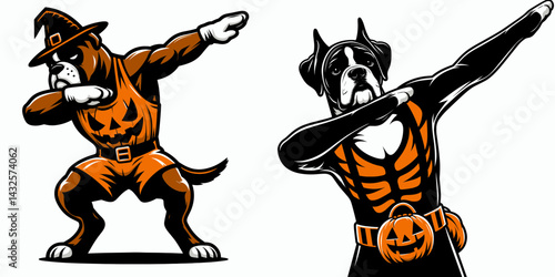 Boxer Dog wear halloween costume and pose dabbing. Funny Animal Vector Clip art. Canine trick dab gesture october festivity.