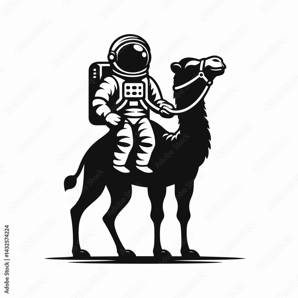 Fototapeta premium Camel in astronaut costume. Funny Animal Vector Clip art. Desert ungulate wearing space exploration attire for kid concept.