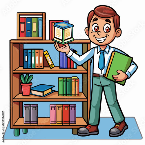 Smiling Cartoon Character Holding Books in a Library