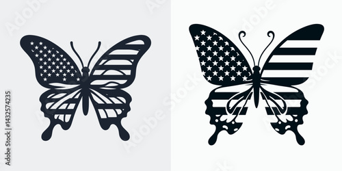 butterfly with american flag. Funny Animal Vector Clip art. Winged insect patriotic banner united nation emblem artwork.