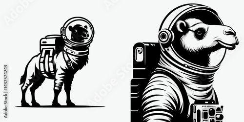 Camel in astronaut costume. Funny Animal Vector Clip art. Desert creature wearing spacesuit apparel comical outfit.