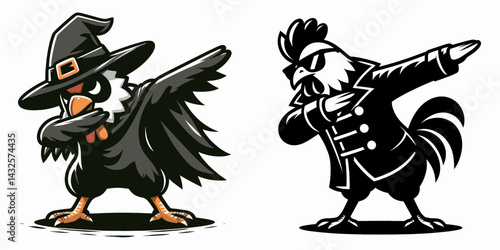Chicken wear halloween costume and pose dabbing. Funny Animal Vector Clip art. Fowl avian adorn festal garb doing dab dance motion.