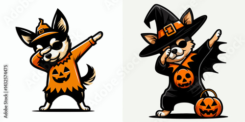 Chihuahua Dog wear halloween costume and pose dabbing. Funny Animal Vector Clip art. Tiny trick or treat apparel comical posture dancing.