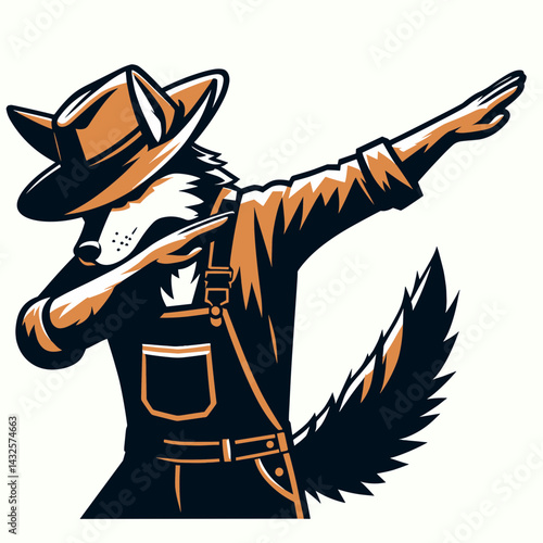 Coyote wear halloween costume and pose dabbing. Funny Animal Vector Clip art. Canine attire october garb do celebration jig.