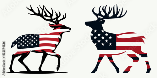 Deer with american flag. Funny Animal Vector Clip art. Patriotic stag usa banner wildlife fauna national emblem.