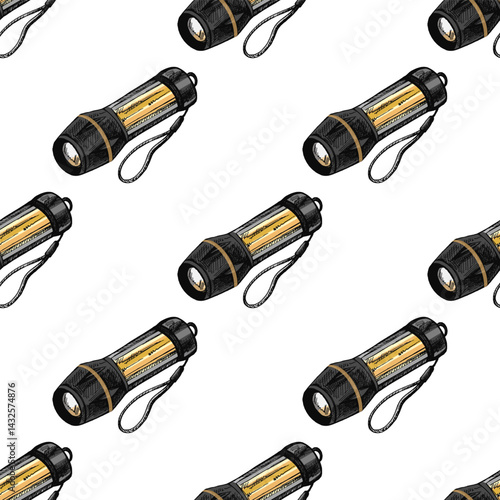Hand drawn colored vintage seamless pattern with sketch of camping flashlight
