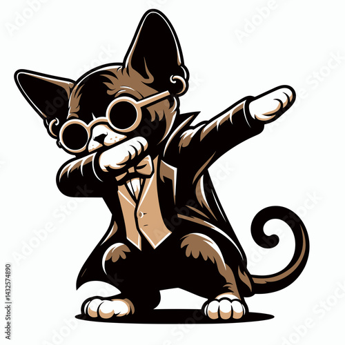 Devon Rex Cat wear halloween costume and pose dabbing. Funny Animal Vector Clip art. Feline pixie for all hallows eve dab dance posture.