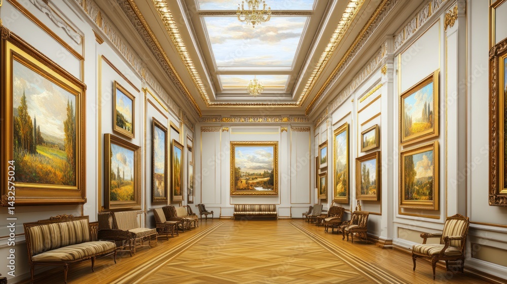 Grand gallery interior, art display, skylight Grand gallery interior, art display, skylight