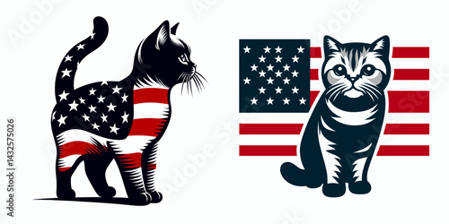 Domestic Shorthair Cat with american flag. Funny Animal Vector Clip art. House feline stars & stripe banner patriotic symbol pet.