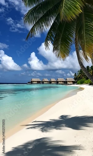 Serene tropical beach with clear turquoise water, palm trees, and overwater bungalows under a blue sky