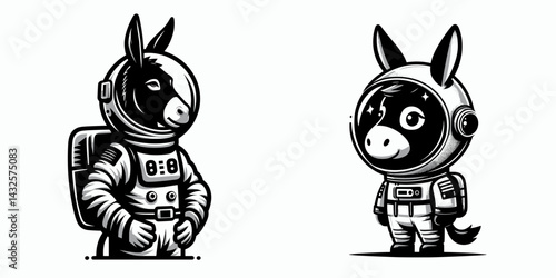 Donkey in astronaut costume. Funny Animal Vector Clip art. Equine spaceman attire fun galactic voyage concept.