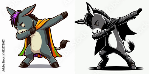 Donkey wear halloween costume and pose dabbing. Funny Animal Vector Clip art. Equine attire picture dab dance trick.