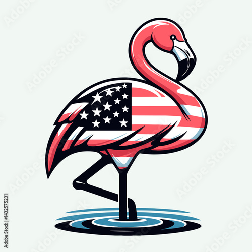 Flamingo with american flag. Funny Animal Vector Clip art. Patriotic united state banner avian image.