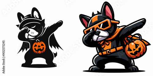 French Bulldog wear halloween costume and pose dabbing. Funny Animal Vector Clip art. Canine in attire at all hallows eve does cool dance move.