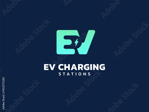 Electric vehicle charging with overlapping EV Charging Connector Types in letter EV logo vector design concept. EV car battery charging dashboard for ui, website, EV business, clean energy, dashboard.