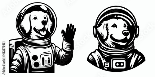 Golden Retriever Dog in astronaut costume. Funny Animal Vector Clip art. Canine cosmonaut space suit attire portrait.