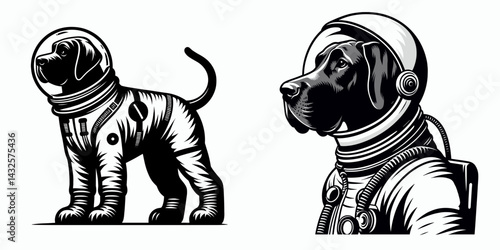Great Dane Dog in astronaut costume. Funny Animal Vector Clip art. Huge canine spacesuit apparel celestial look.