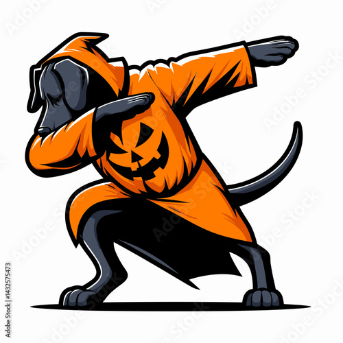 Great Dane Dog wear halloween costume and pose dabbing. Funny Animal Vector Clip art. Enormous canine trick dab gesture spook celebration.