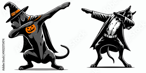 Great Dane Dog wear halloween costume and pose dabbing. Funny Animal Vector Clip art. Colossal canine attire october celebration dab maneuver.