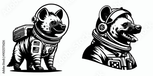 Hyena in astronaut costume. Funny Animal Vector Clip art. Wild canine piloting cosmic gear attire comical zoo portrait.