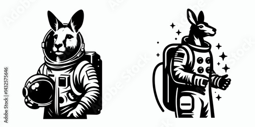 Kangaroo in astronaut costume. Funny Animal Vector Clip art. Marsupial cosmonaut attire - comical wildlife outer journey.