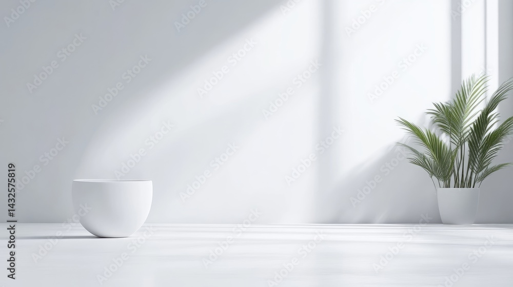 Minimalist white room with sunlight and plant Minimalist white room with sunlight and plant
