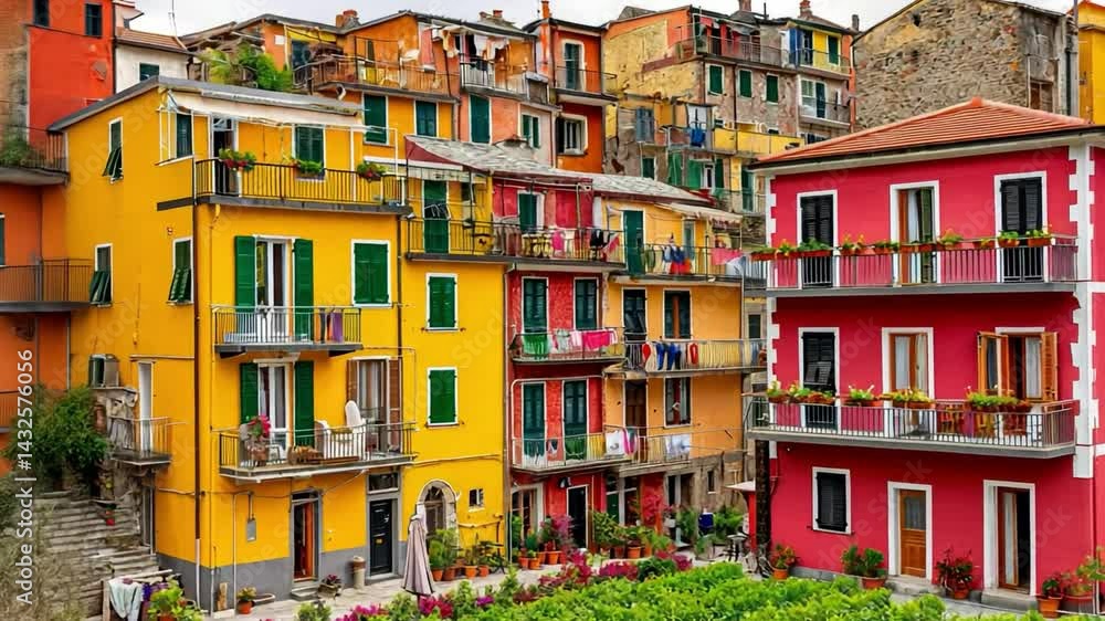 Vibrant Colorful Buildings with Flowering Plants and Laundry in an Italian Coastal Town Vibrant Colorful Buildings with Flowering Plants and Laundry in an Italian Coastal Town