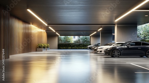 Modern, well-lit underground parking garage with sleek design