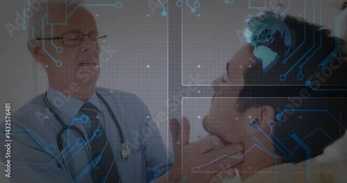doctor examining patient throat in telemedicine exam, with digital circuit and globe icon overlay