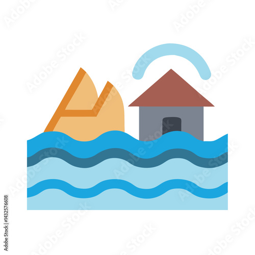 Flooding icon with house, sand dune, and waves