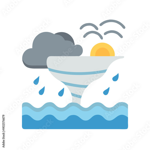Waterspout with Rain Cloud and Sun on Black